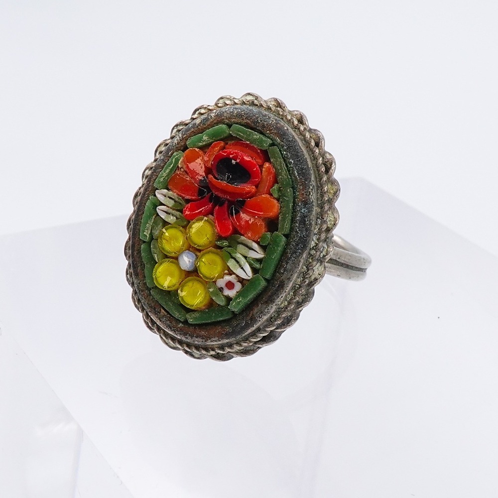 VTG Micro Mosaic Ring Floral Glass Tile Adjustable Italian Silver Tone Botanical